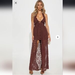 Fashion Nova Brown Lace Plunge Romper Jumpsuit